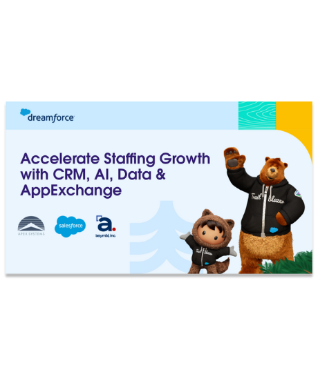 Dreamforce promotional graphic with the headline 'Accelerate Staffing Growth with CRM, AI, Data & AppExchange.' The image features Salesforce mascots Codey the bear and Astro, both dressed in 'Trailblazer' hoodies. Logos for Apex Systems, Salesforce, and Asymbl, Inc. appear at the bottom left. The design includes bright colors and geometric shapes, creating a dynamic and engaging visual.