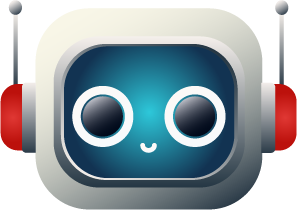 Icon of a friendly robot face with large, round eyes and a small smile. The robot has a gradient blue screen for a face, red earpiece-like attachments on each side, and small antennas on top, giving it a cute and approachable appearance.