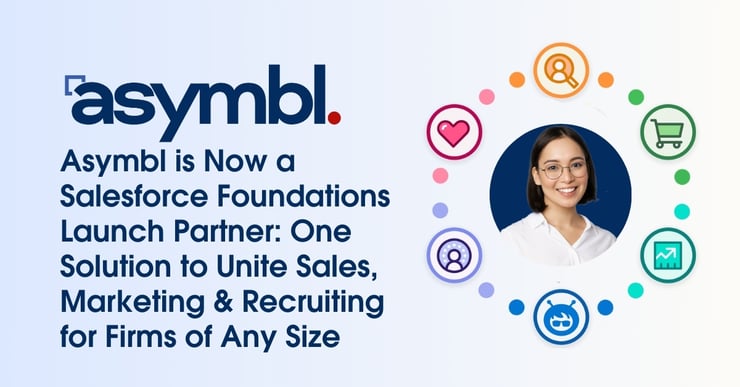 Promotional graphic for Asymbl, Inc. with the headline 'Asymbl is Now a Salesforce Foundations Launch Partner: One Solution to Unite Sales, Marketing & Recruiting for Firms of Any Size.' On the right, a smiling woman is surrounded by colorful icons in a circular arrangement, including a heart, magnifying glass, shopping cart, and growth chart, symbolizing the unified capabilities offered through Salesforce Foundations. The Asymbl logo is at the top left, set against a light blue gradient background, reflecting innovation and comprehensive business solutions.